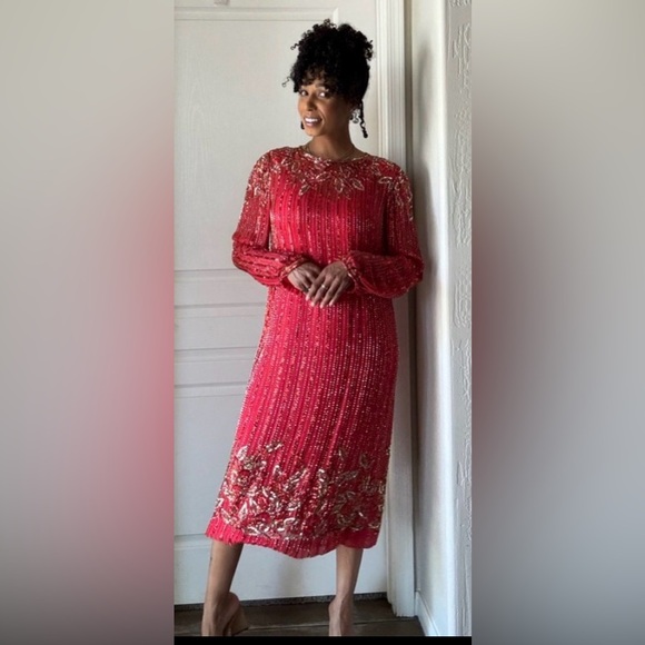 Victoria Royal Ltd Dresses & Skirts - Vintage Victoria Royal Ltd Scarlet Dress with Sequins and Beading